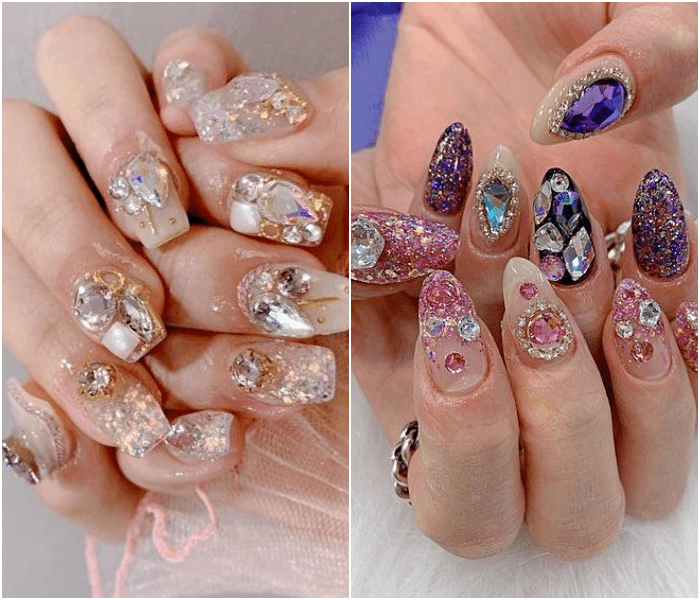 uñas manicura postizas con diseño exagerado de gemas multicolor, rojas, azules, diamantes, brillantina