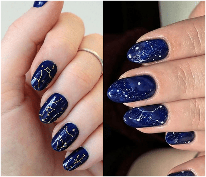 uñas postizas, manicura con diseño de galaxia, zodiaco, estrellas, lunas en color dorado