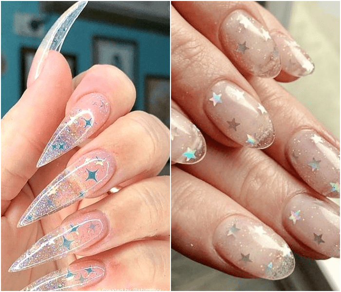 uñas postizas, manicura transparente con glitter y brillo en tonos azules y blancos