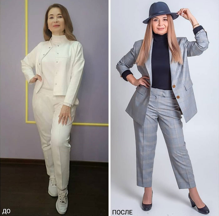 Mujer con traje sastre blanco y a cuadros en su cambio de imagen por la estilista Madi Bekdair