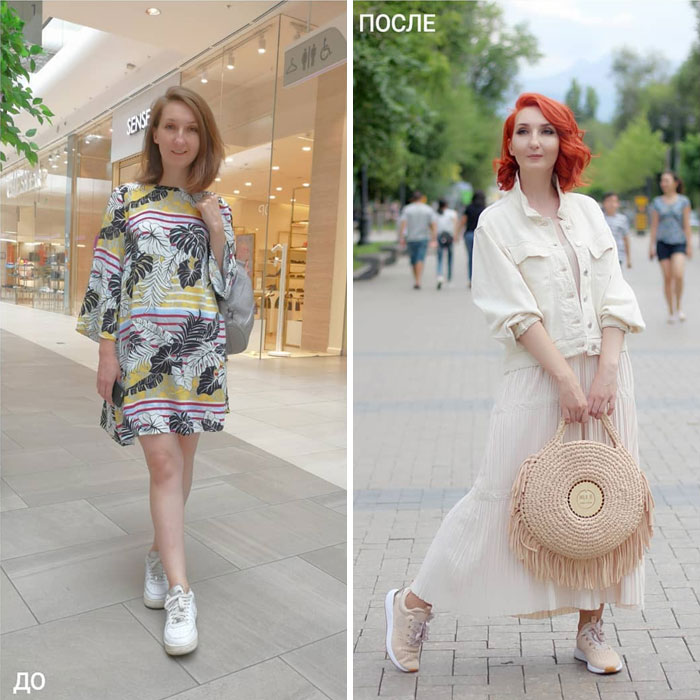 Chica con vestido a flores y blanco en su cambio de imagen por la estilista Madi Bekdair