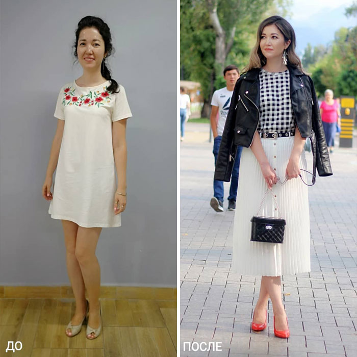 Chica con vestido blanco a flores y una falda larga plisada en su cambio de imagen por la estilista Madi Bekdair