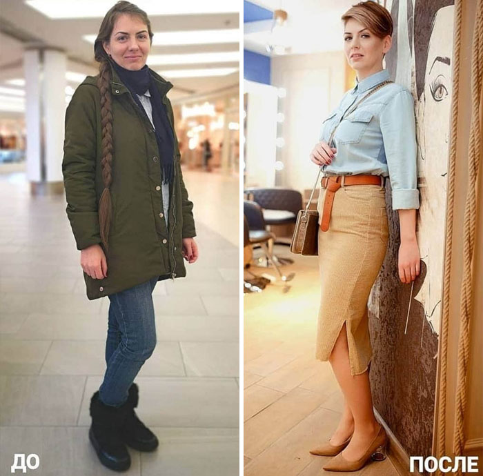 Chica con chamarra y con traje sastre de dos piezas en su cambio de imagen por la estilista Madi Bekdair