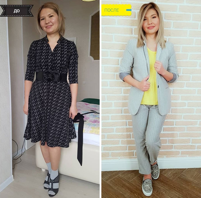 Chica con vestido negro a rayas y con traje sastre de dos piezas en su cambio de imagen por la estilista Madi Bekdair