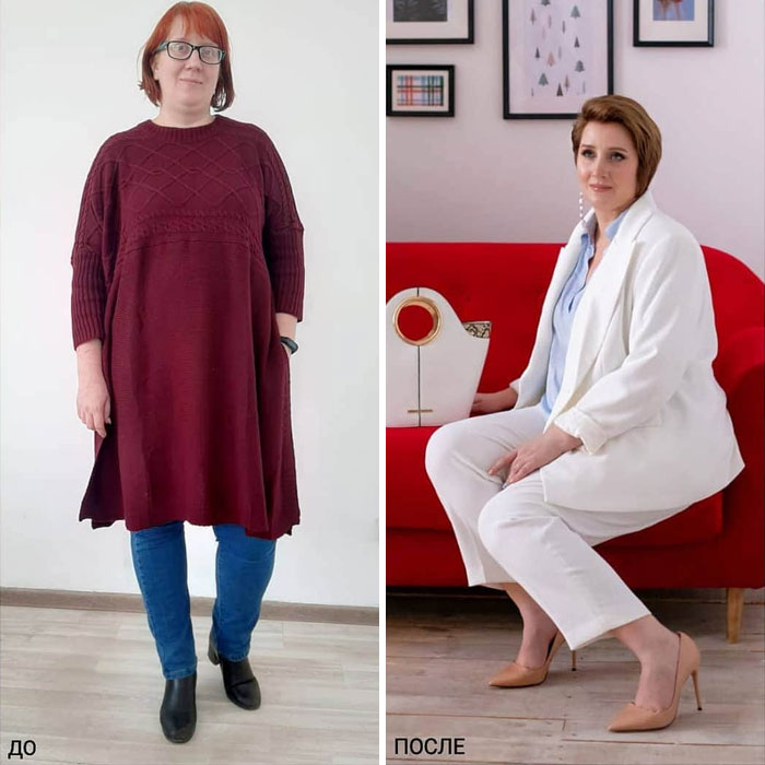 Mujer con jeans y blusa larga y con traje sastre en blanco en su cambio de imagen por la estilista Madi Bekdair