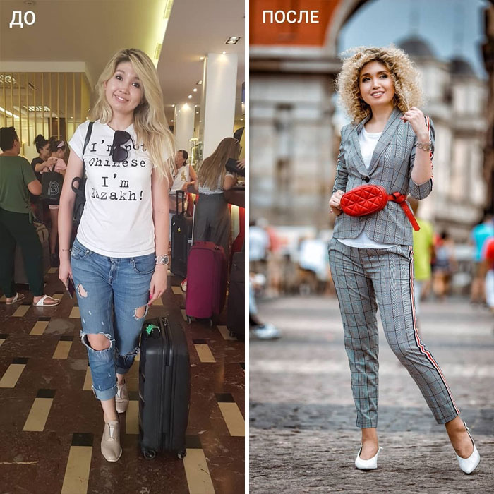 Chica con jeans de mezclilla y con traje sastre a cuadros en su cambio de imagen por la estilista Madi Bekdair