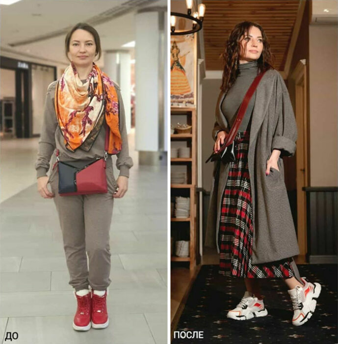 Chica con pants deportivo y con falda larga a cuadros en su cambio de imagen por la estilista Madi Bekdair