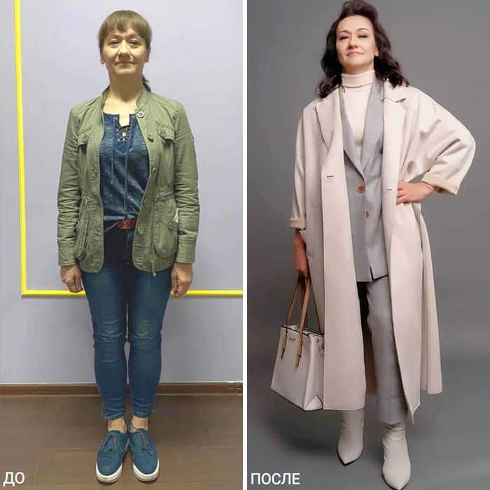 Mujer con jeans de mezclilla y chaqueta verde y con traje sastre gris claro en su cambio de imagen por la estilista Madi Bekdair