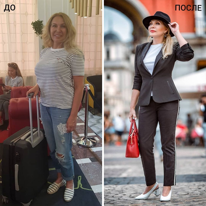 Mujer con jeans rotos y con traje sastre en negro en su cambio de imagen por la estilista Madi Bekdair