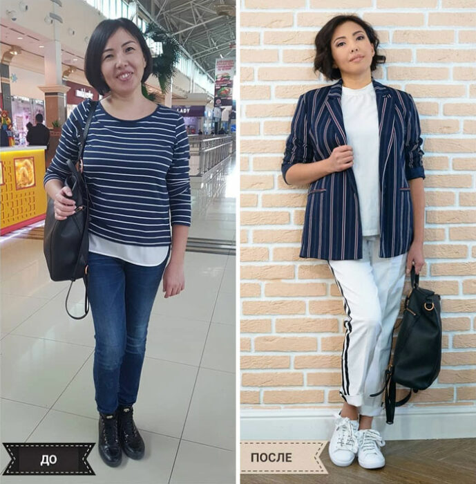 Mujer con blusa y saco a rayas en azul marino y blanco en su cambio de imagen por la estilista Madi Bekdair