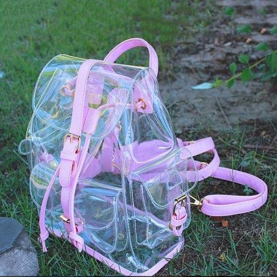 Mochila transparente en el pasto con detalles rosas