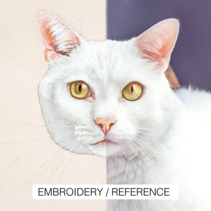 Bordado de gato blanco con ojos amarillos