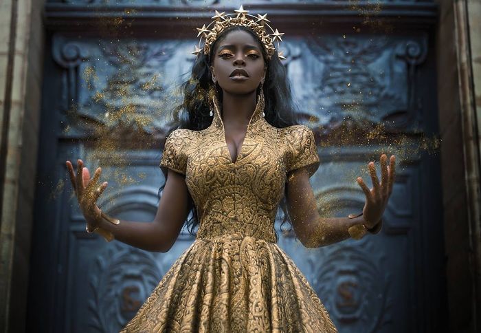 Mujer negra con vestido y tiara color dorado