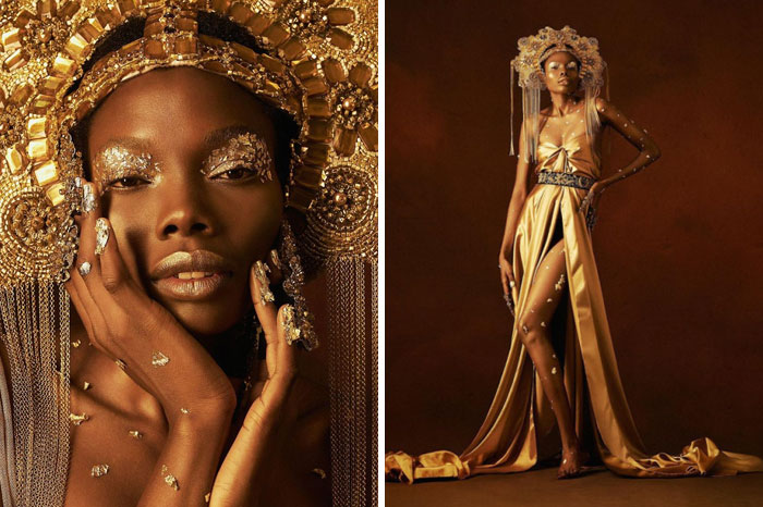 Chica negra con atuendo dorado y tocado grande