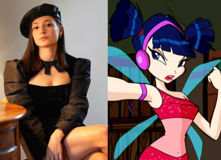 Elisha Applebaum posando para una fotografía y en comparación con Musa el hada del club winx