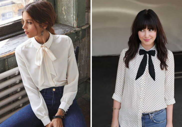 Lado izquierdo: Chica usando blusa blanca con corbatín y jeans. Lado derecho: Chica usando blusa blanca con corbatín de lunares negros y jeans.
