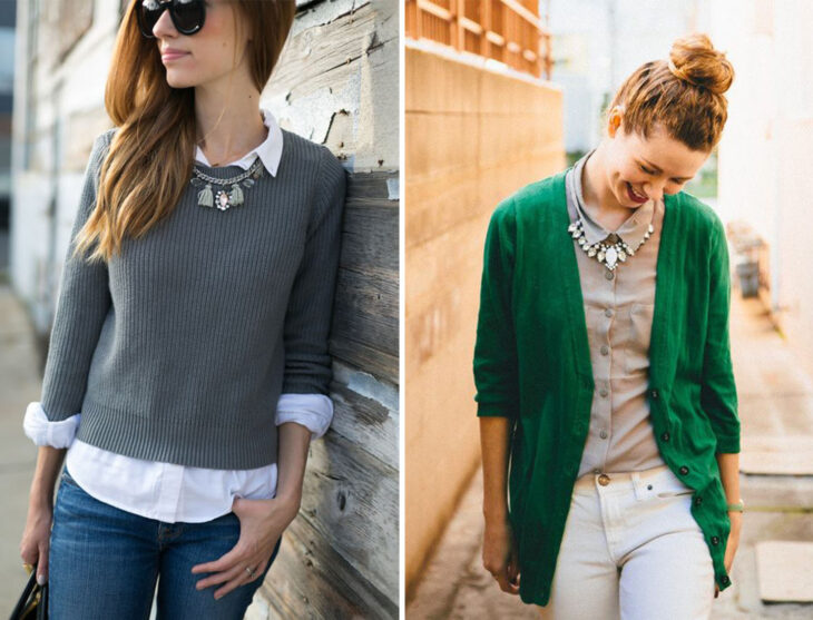 Lado izquierdo: Chica usando suéter gris cerrado con camisa blanca y jeans. Lado derecho: Chica usando suéter verde abierto con camisa beige y jeans blancos.