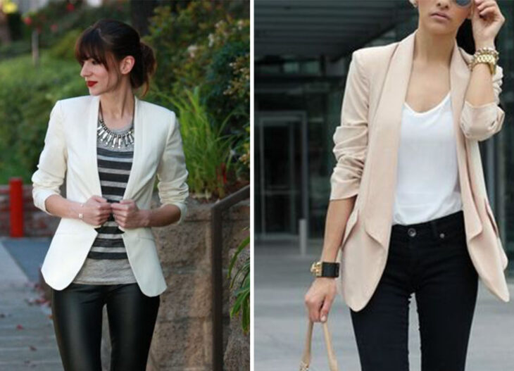 Lado izquierdo: Chica usando leggings negros, blusa gris con rayas negras, y saco nude. Lado derecho: Chica usando jeans negros, blusa blanca y saco nude.