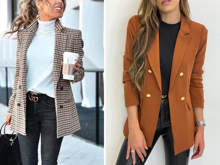 Lado izquierdo: Chica con jeans y cinturón negro, blusa blanca de cuello alto y blazer de tartán en color café. Lado derecho: Chica con leggings y blusa negra, usando blazer color ladrillo.