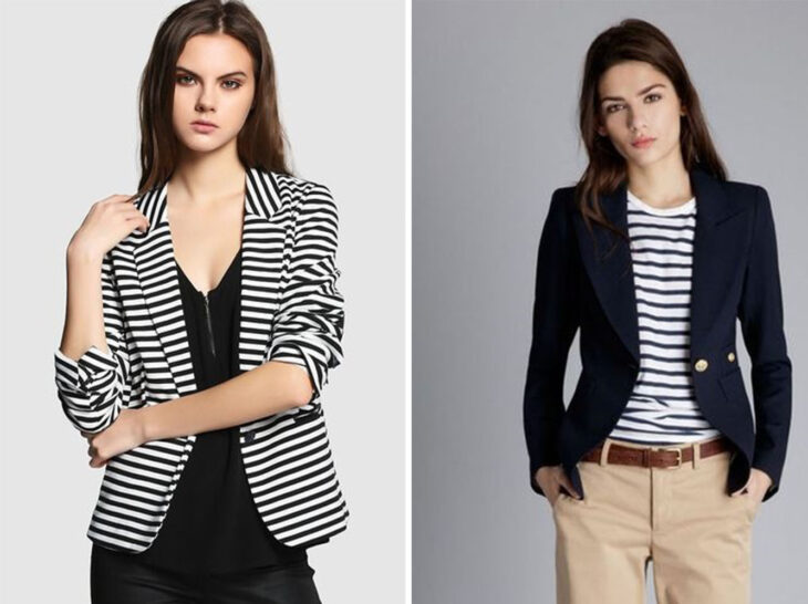 Lado izquierdo: Chica con jeans y blusa negra, con saco a rayas negro y blanco. Lado derecho: Chica con pantalón caqui, cinturón camel, blusa a rayas azul marino y blanco, y blazer azul marino.