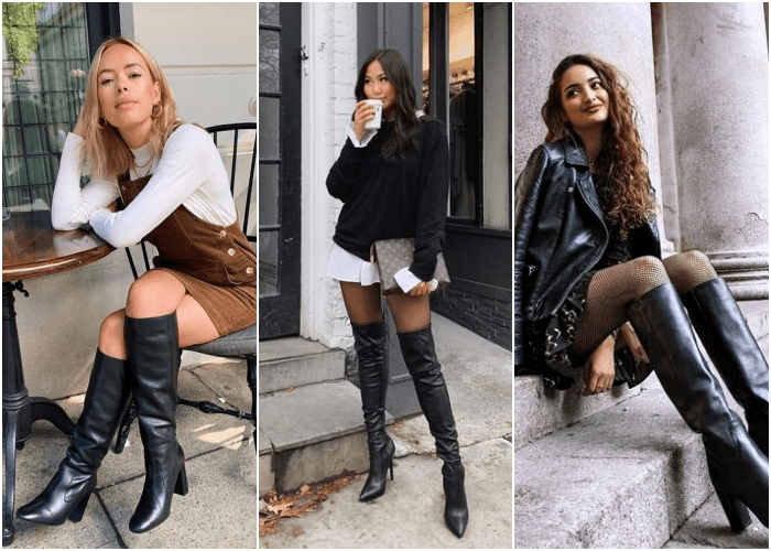 chicas usando botas largas de cuero color negro con tacón para invierno