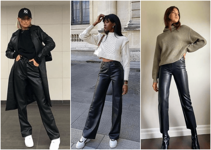 chicas usando pantalones de cuero negros con suéteres negro, blanco y verde militar, combinados con tenis deportivos y tacones oscuros