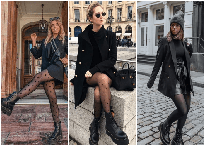 chica rubia de cabello castaño usando lentes de sol, medias negras, botines negros de cuero, chaquetas y abrigos negros, y bolsos de cuero negro