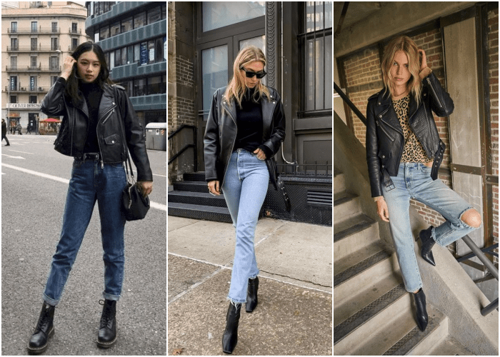 chica rubia con cabello castaño, usando jeans ajustados, chaqueta de cuero tipo biker y botines de cuero negro de tacón