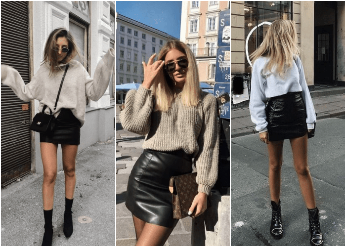 chicas rubias usando minifaldas negras de cuero con botines negros, suéteres tejidos beige o blanco y lentes de sol
