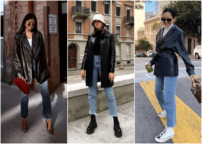 chicas de cabello rubio y castaño usando un abrigo negro de cuero con jeans ajustados y botines de cuero con tacón