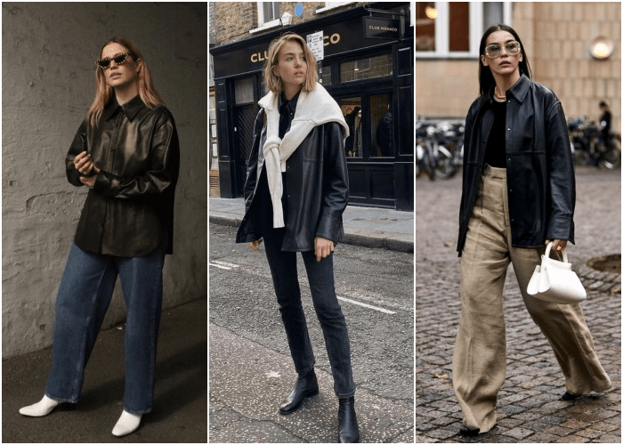 chicas rubias usando lentes de sol, jeans holgados, botines, abrigos de cuero y camisas de cuero negro