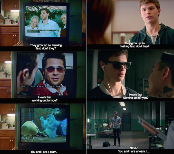 Escena de la película Baby Driver repitiendo diálogos de películas