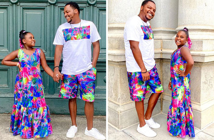 Padre e hija llevando conjuntos a juego en color blanco con tonalidades fluorescentes; Michael Gardner y Ava; Papá crea más de 200 outfits a juego con su hija para ayudarle a sentirse segura