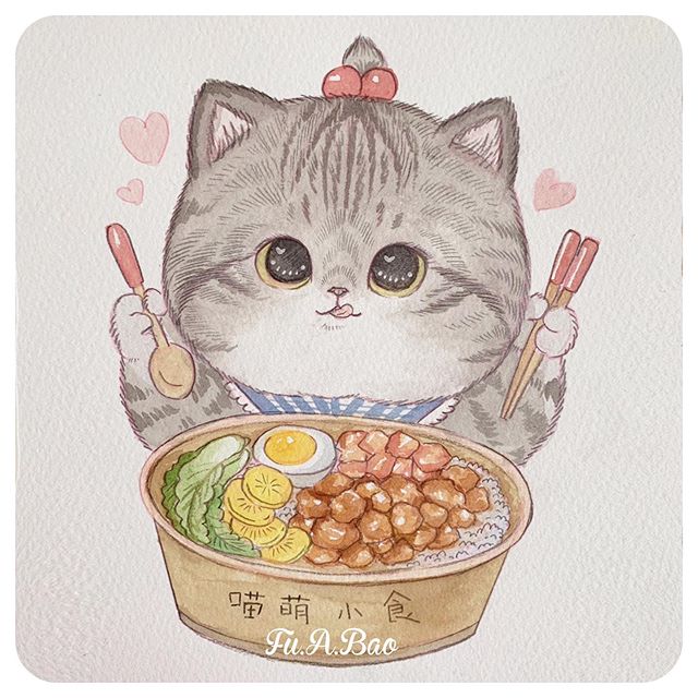 Ilustración de gatito gris comiendo ramen