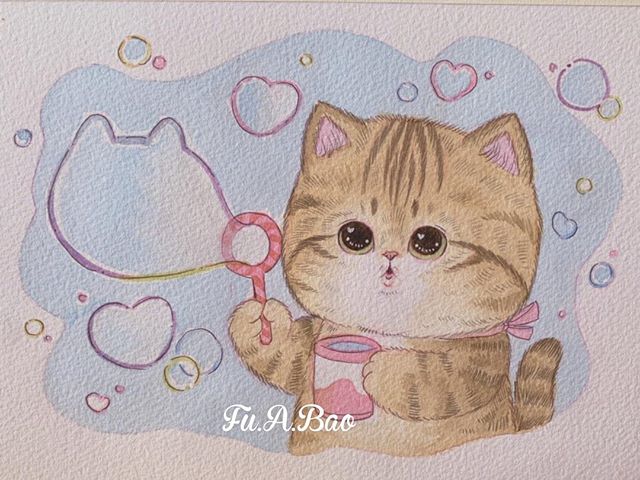 Ilustración kawaii de gatito naranja haciendo burbujas de jabón