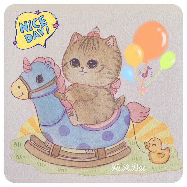 Ilustración kawaii de gatito naranja montado en una caballito