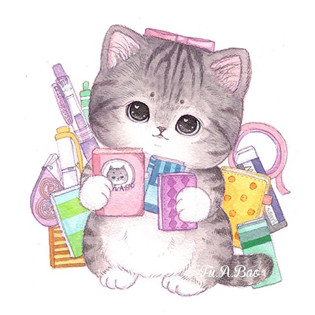 Ilustración kawaii de gatita con moño rosa