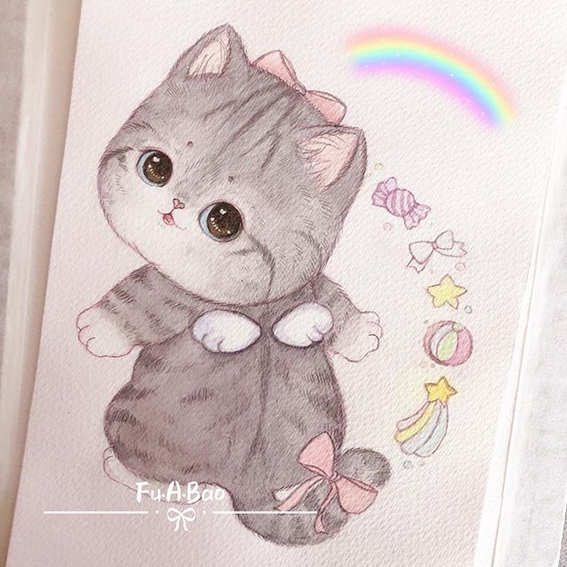 Ilustración kawaii de gatita con moño rosa y alas