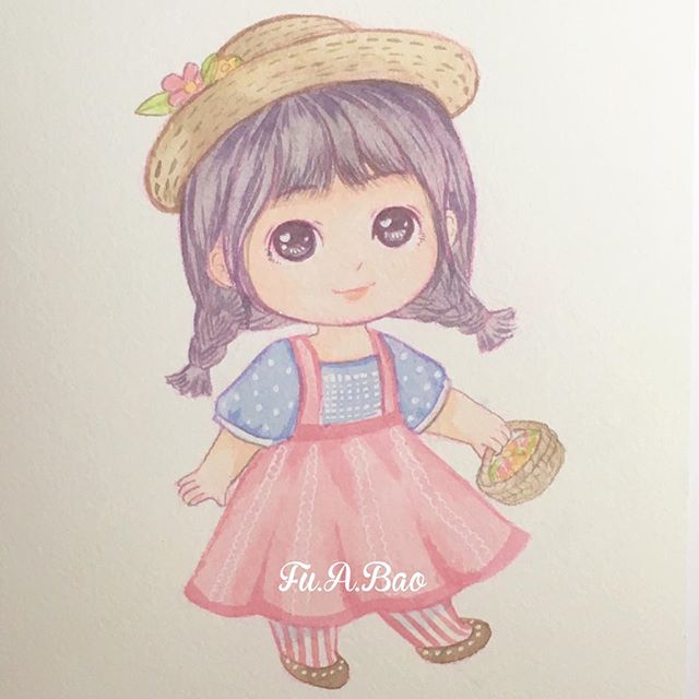 Ilustración kawaii de niña con trenzas y una canasta