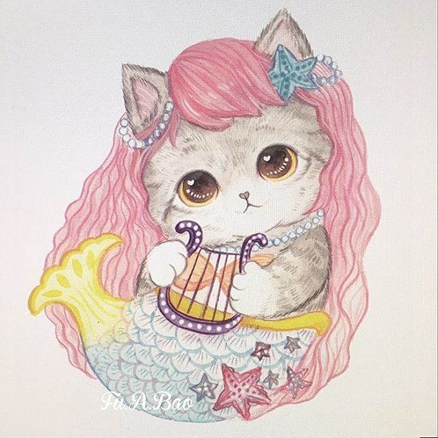 Ilustración kawaii de gatito como sirena