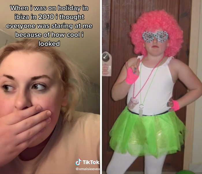 Chica mostrando su foto de la infancia cuando se vertía con peluca 