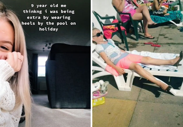 Chica mostrando sus fotos de la infancia mientras está en la playa usando tacones 