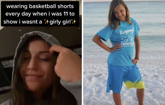Chica mostrando su foto de la infancia en la que estaba en la playa 