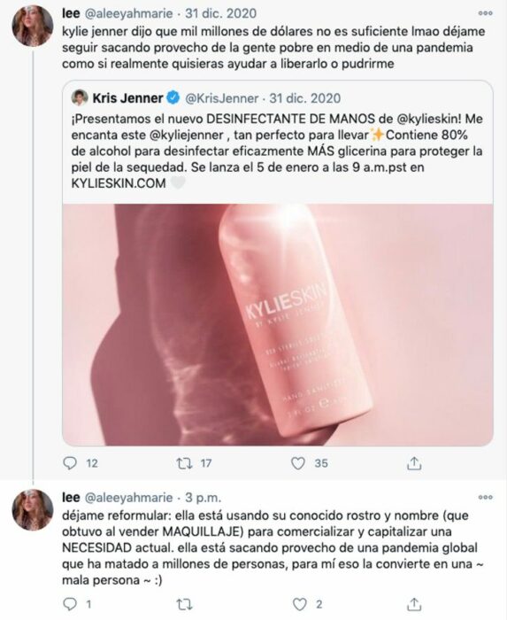 Comentarios en contra del desinfectante de manos de Kylie Jenner