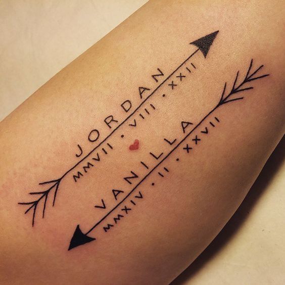 Tatuaje en el brazo de nombres y fecha de hijos