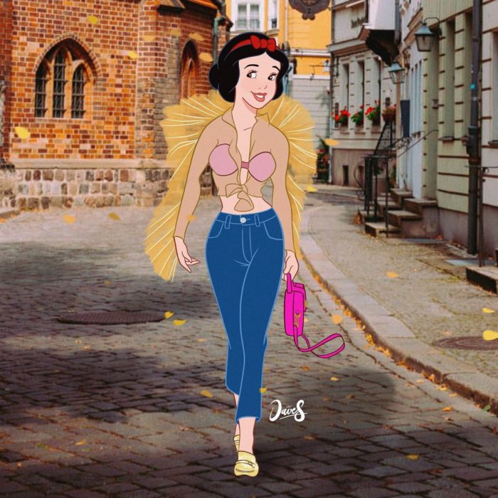 Blancanieves usando jeans, y una blusa con transparencias