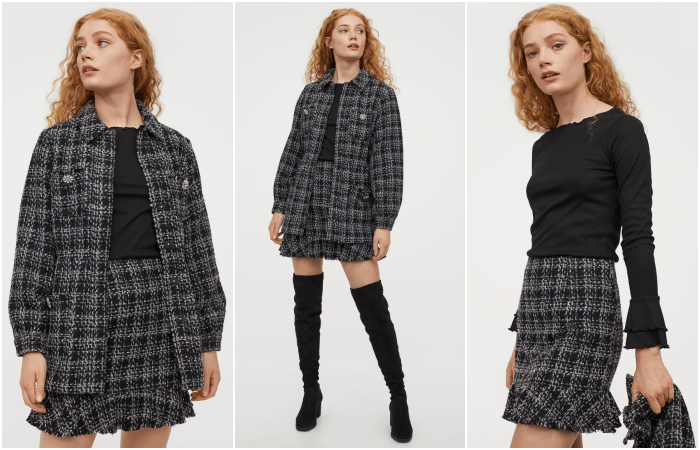chica rubia usando top de manga larga negro, falda y saco de cuadros y botas largas negras