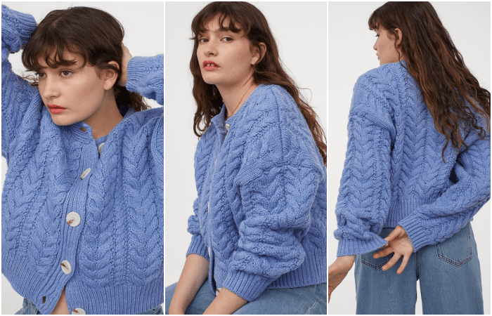 chica de cabello castaño largo usando un suéter cárdigan tejido azul con jeans a la cintura