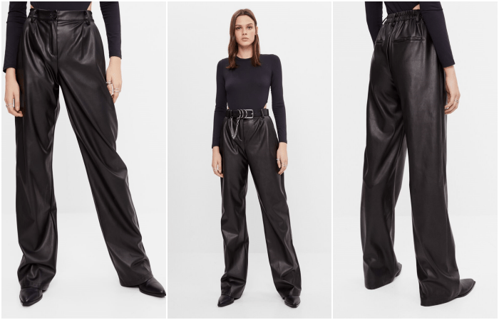 chica de cabello claro usando top de manga larga negro, cinturón negro con cadena, pantalones a la cintura de cuero y botines negros de punta