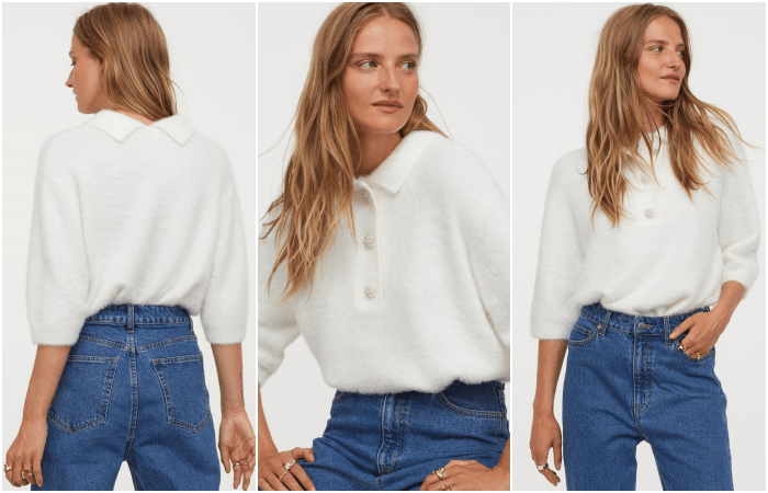 chica rubia usando una camisa blanca con volumen y botones con pedrería